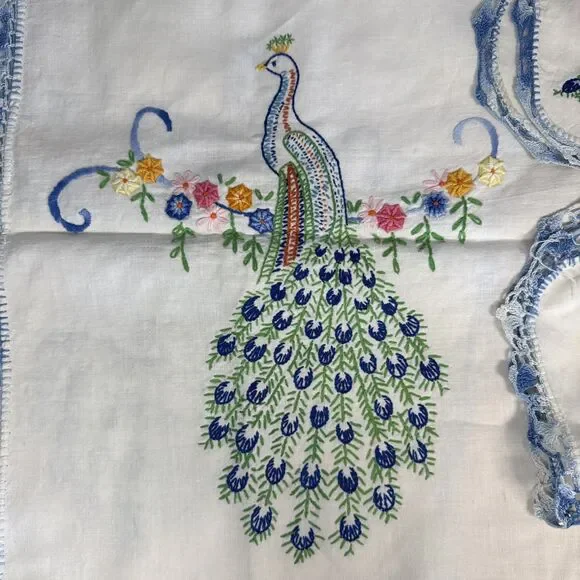 VTG Embroidered White Dresser Scarf Table Peacock Bird Flowers 39x14 Set Of 4 - Picture 2 of 16